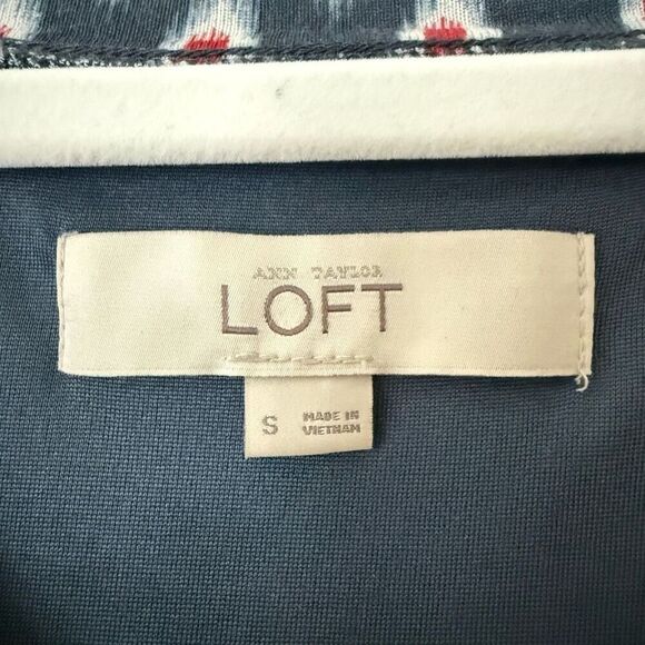 LOFT Maxi Dress Small Ikat Blue Red White Cap Sleeve Elastic Waist Scoop Neck - Picture 9 of 12